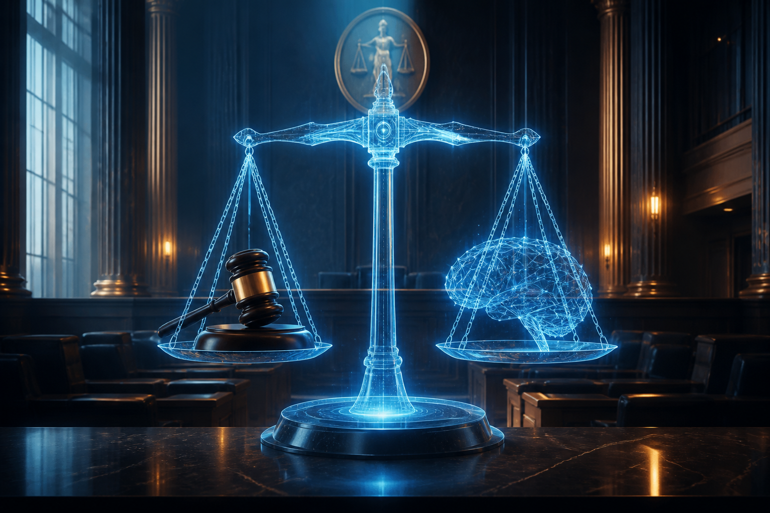 A conceptual digital illustration of a courtroom scale balancing traditional law and artificial intelligence.