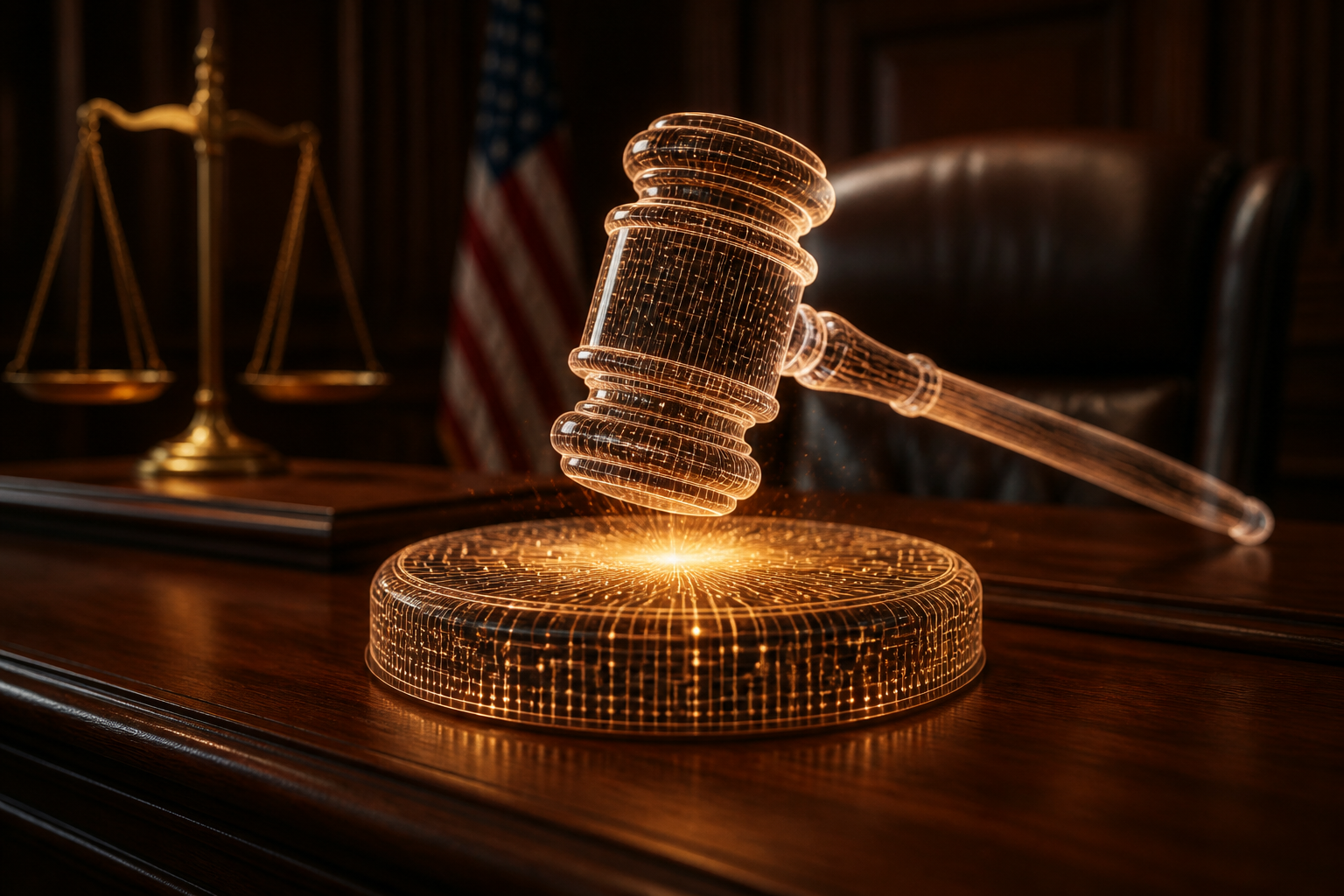 A digital gavel striking a glowing circuit board on a courtroom desk.
