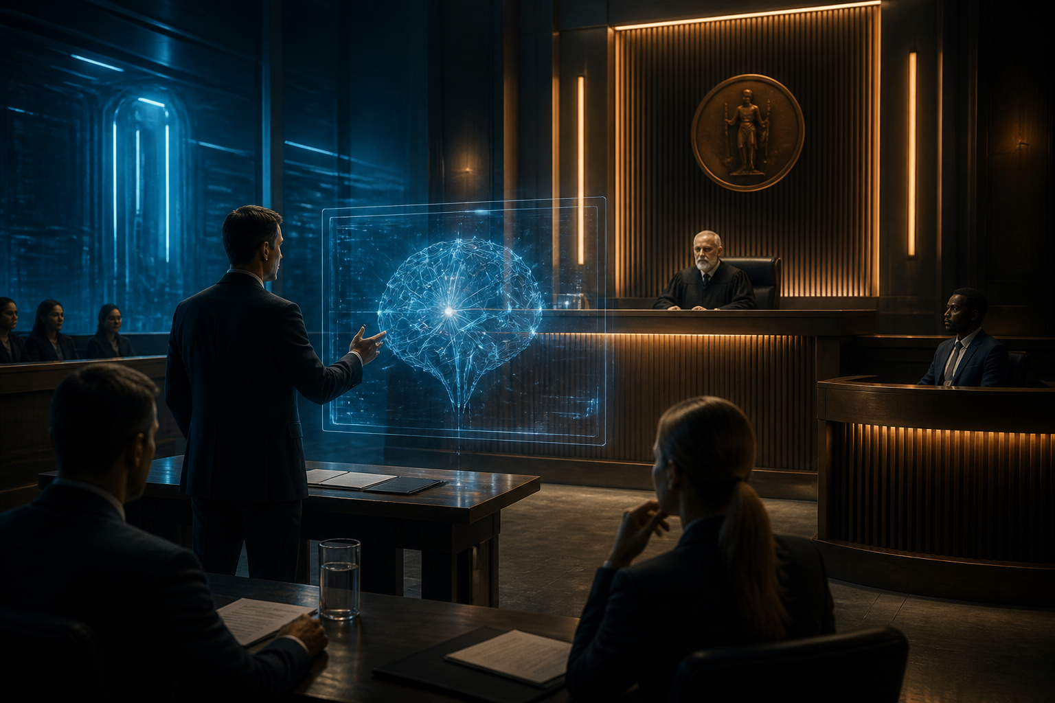 A digital visualization of a neural network presented as evidence in a courtroom setting.
