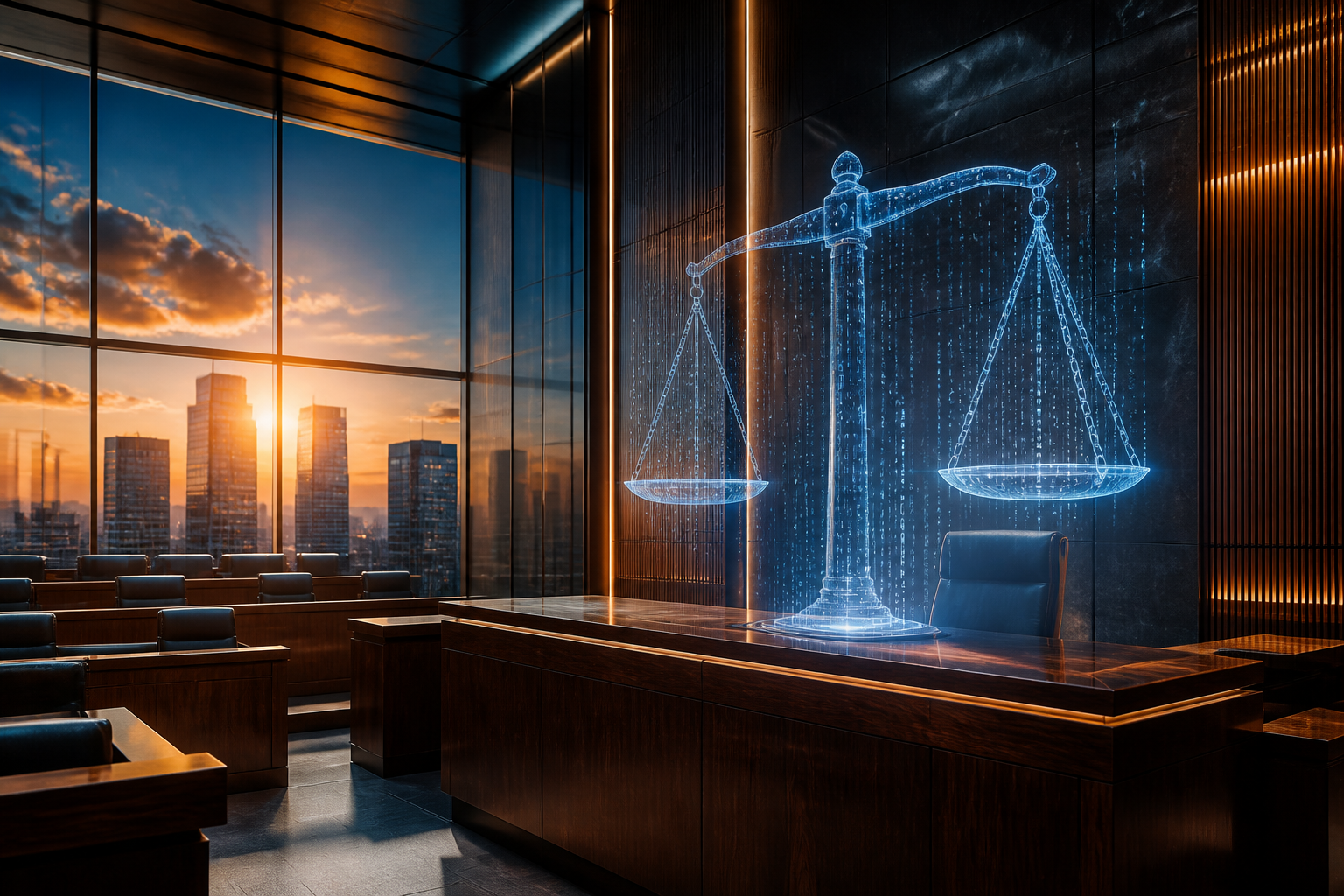 A modern digital interpretation of a courtroom bench featuring glowing technological motifs.