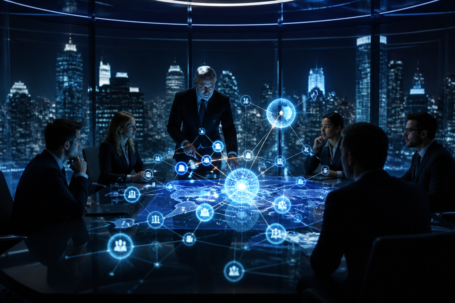 Abstract representation of digital legal strategy and data nodes in a modern office setting.