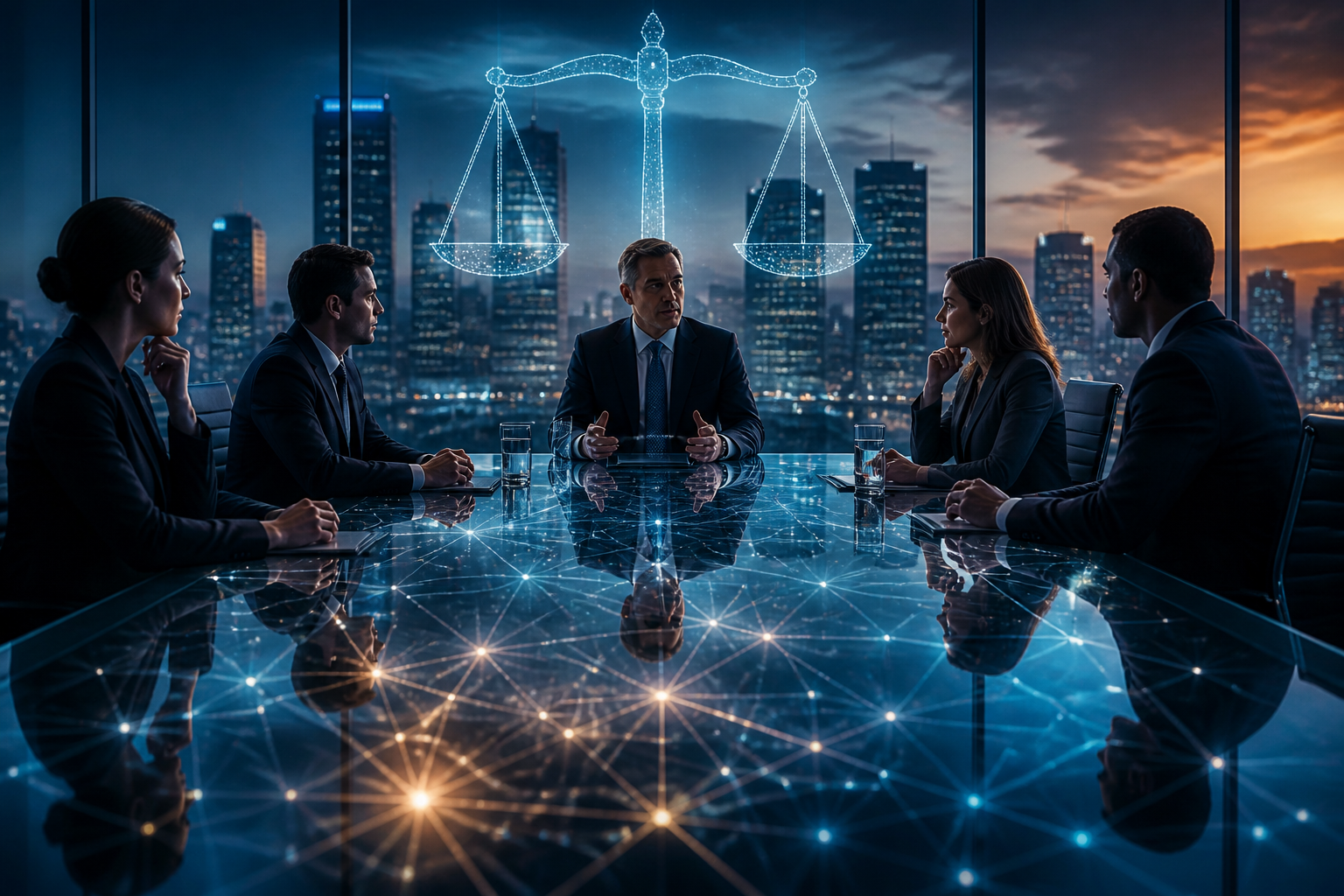 Digital representation of legal scales and neural networks reflecting on a corporate boardroom table.