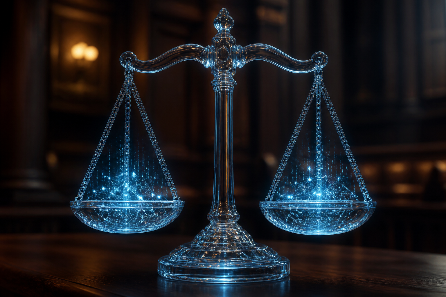 A conceptual digital illustration of transparent legal technology and neural networks inside scales of justice.
