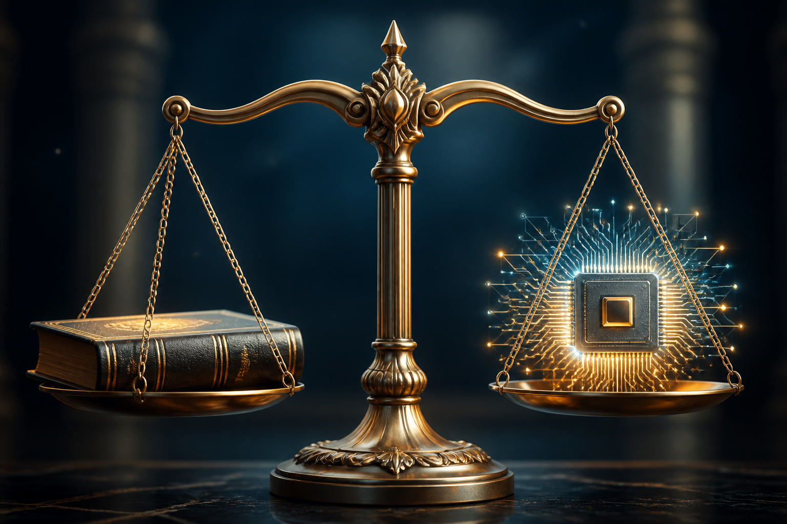 An editorial illustration symbolizing the balance between traditional legal practice and artificial intelligence technology.