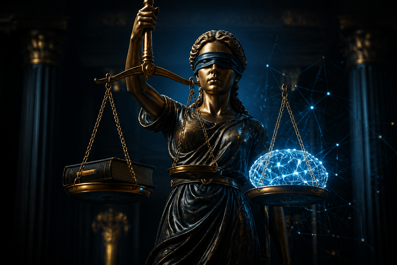 Lady Justice balancing traditional law books against a digital neural network representation.