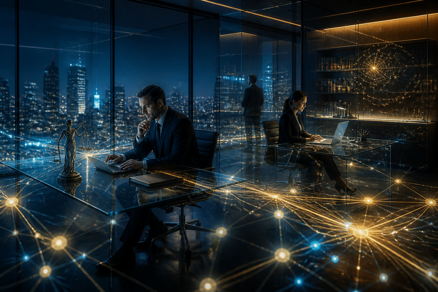 A conceptual digital visualization of autonomous AI agents connecting legal data points in a modern office environment.
