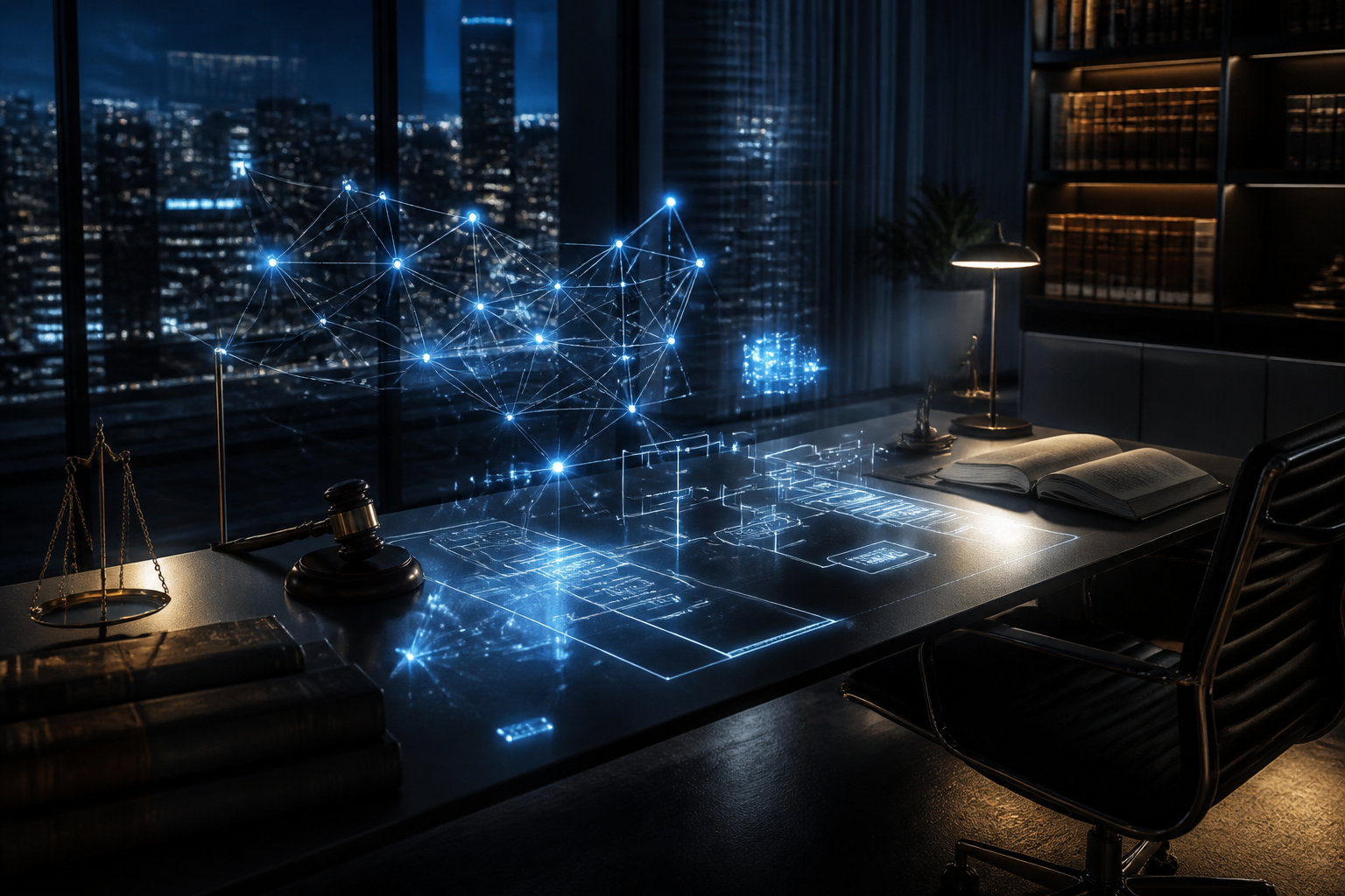 Digital representation of autonomous legal reasoning agents in a modern law office setting.