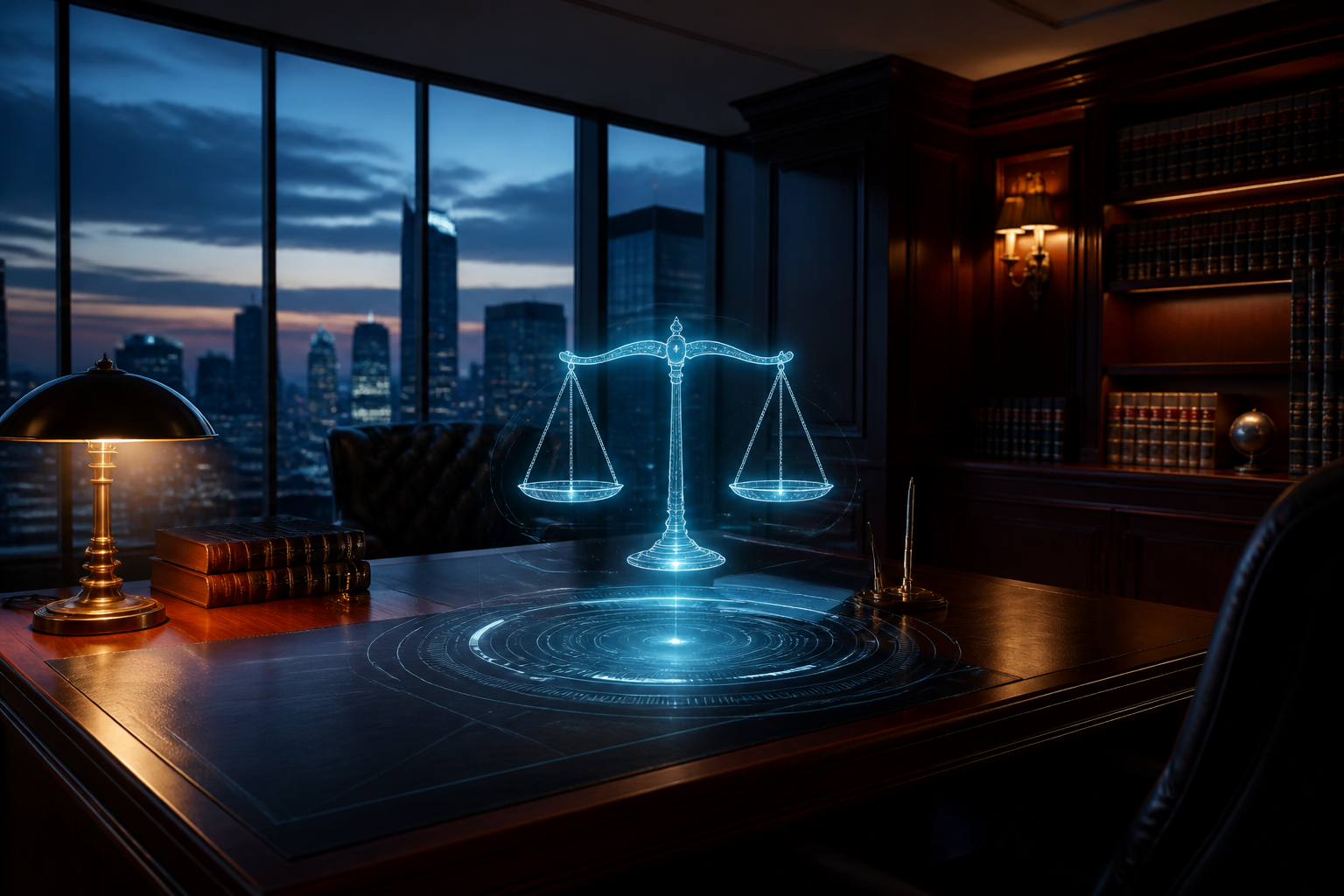 Digital representation of justice and technology in a modern legal setting.