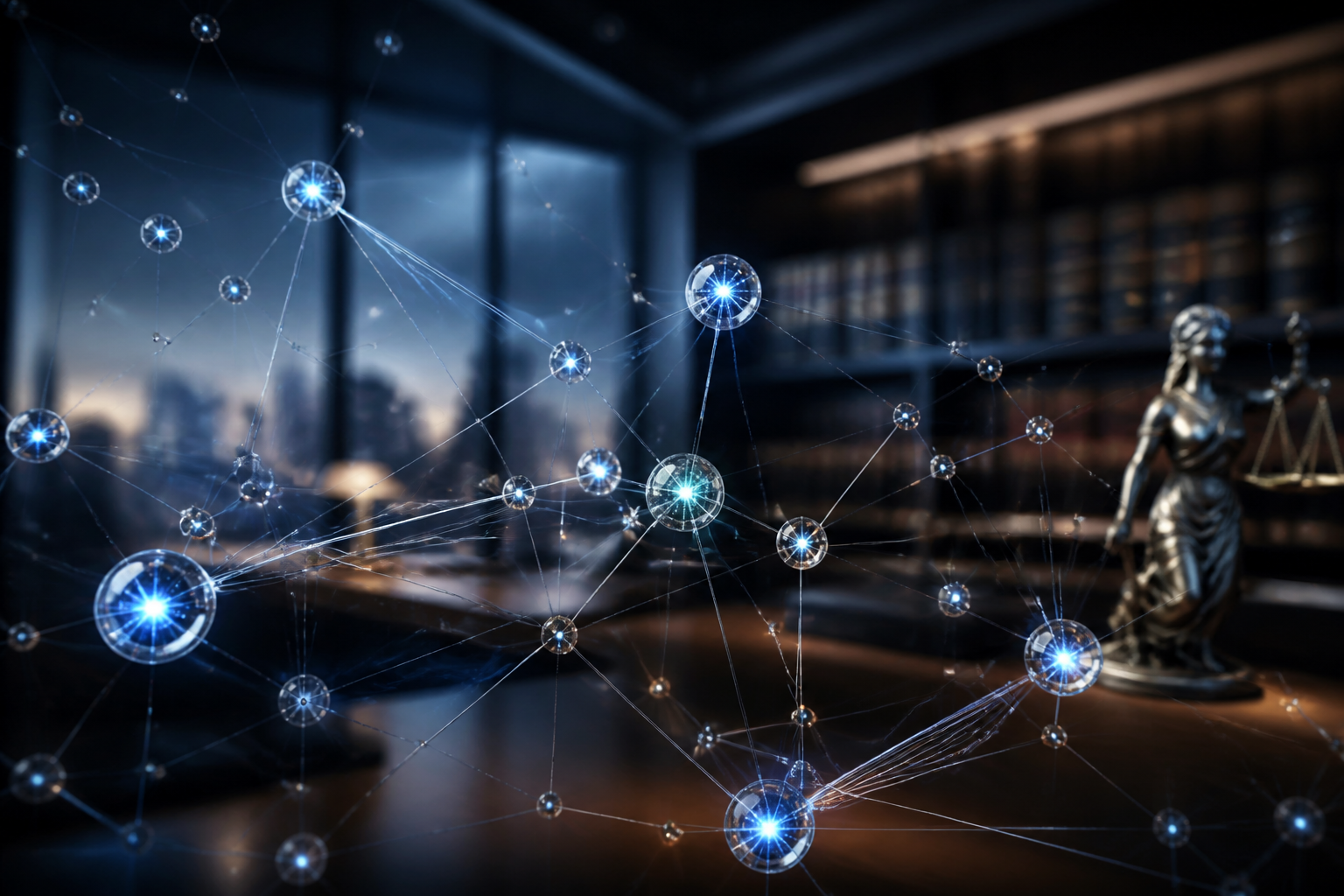 Digital representation of autonomous AI agents connecting legal data points in a modern law firm environment.