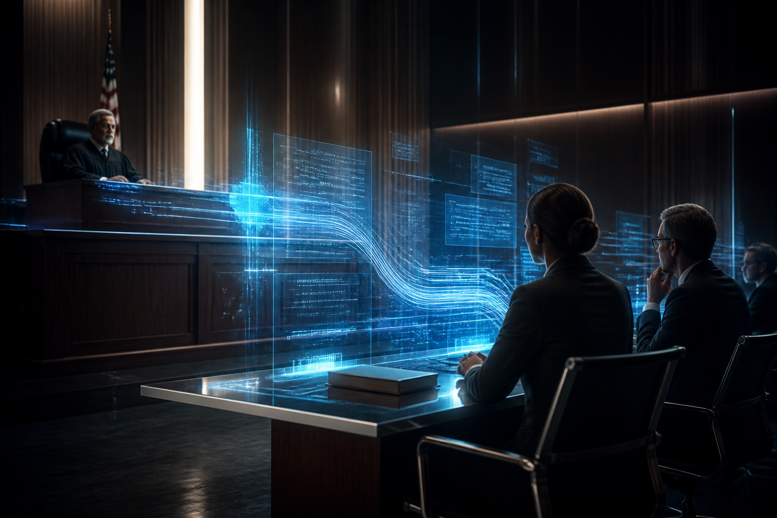 Holographic data streams in a modern courtroom representing AI-driven legal discovery.