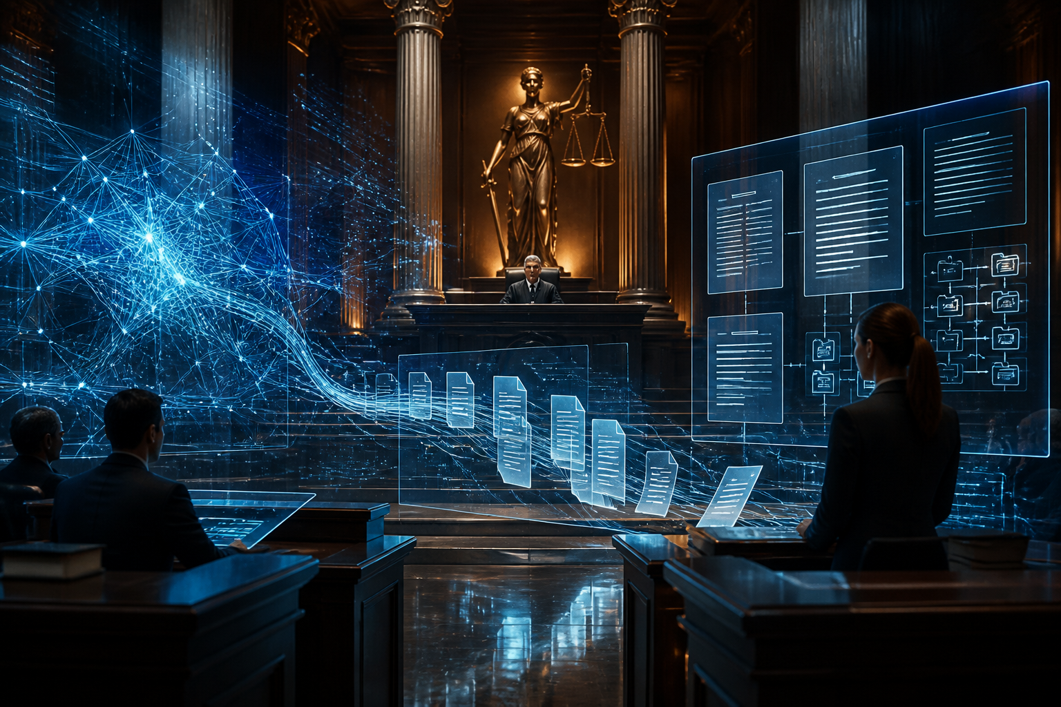 Abstract visualization of legal data processing through neural networks and digital architecture.