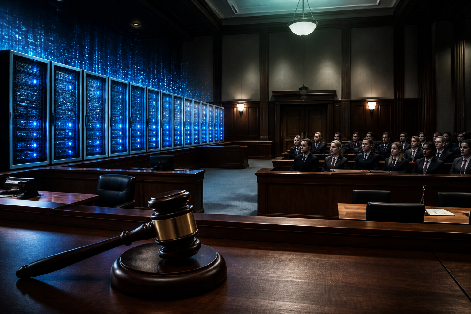 A conceptual illustration of a digital courtroom representing the integration of AI in judicial processes.