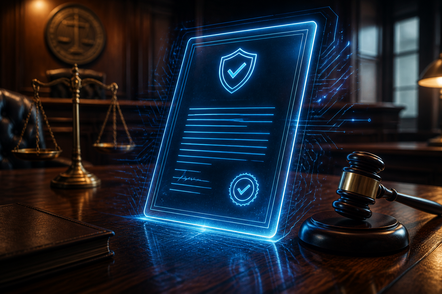 A conceptual image representing legal insurance and artificial intelligence through digital overlays on a traditional courtroom setting.