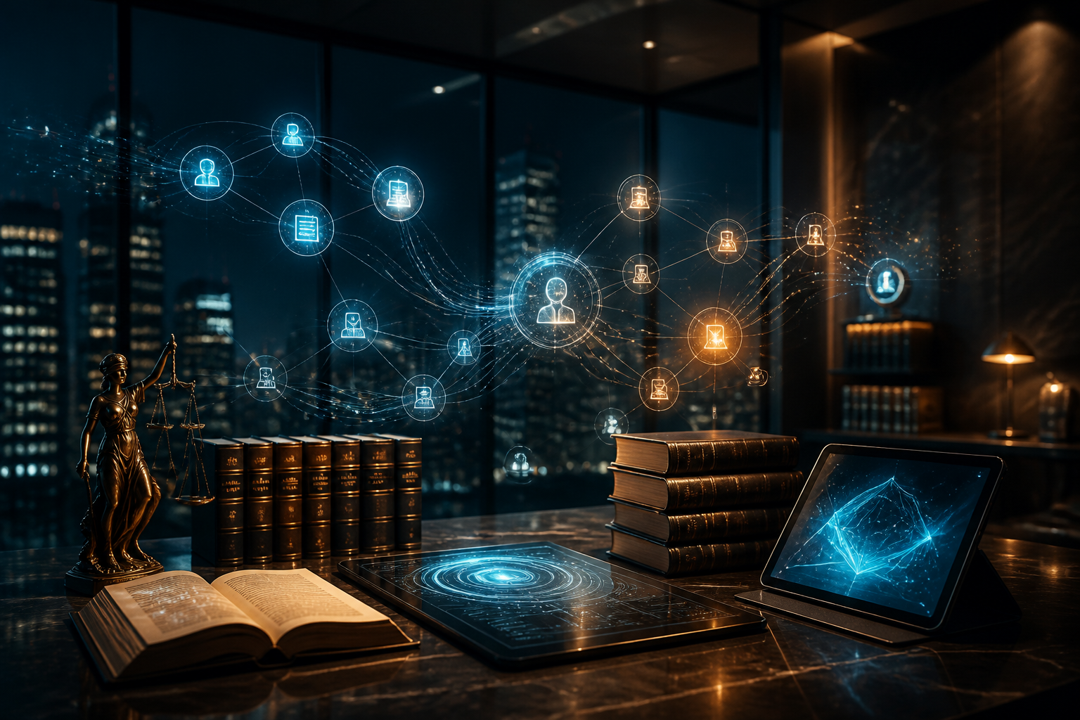 A modern law office setting featuring holographic nodes representing AI agent workflows connecting digital and physical legal documents.